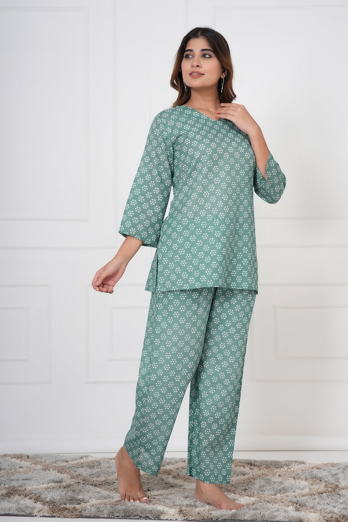 Dot Block Printed V-Neck Night Suit Set with Top & Pajama Pants - Sage Green
