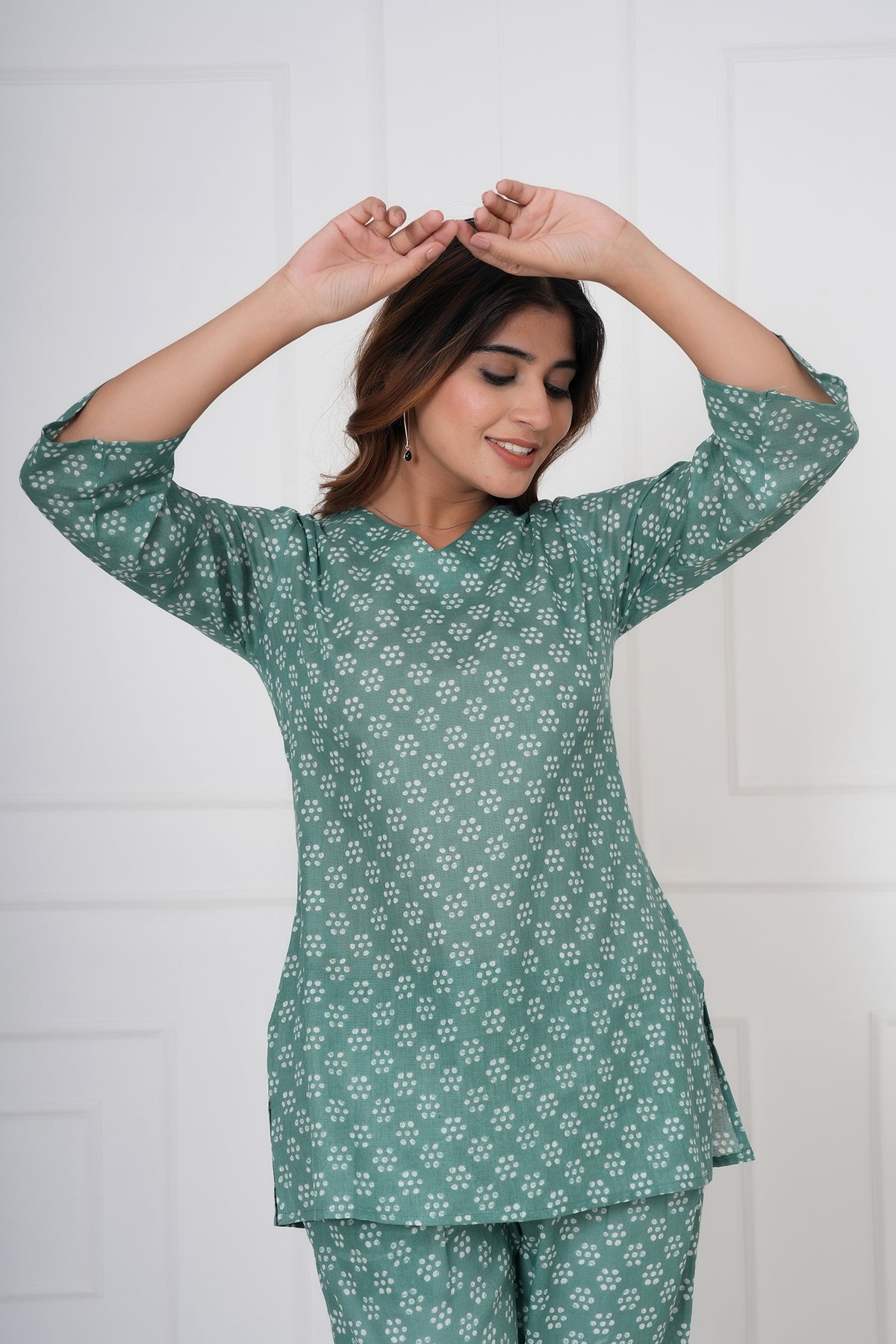 Dot Block Printed V-Neck Night Suit Set with Top & Pajama Pants - Sage Green