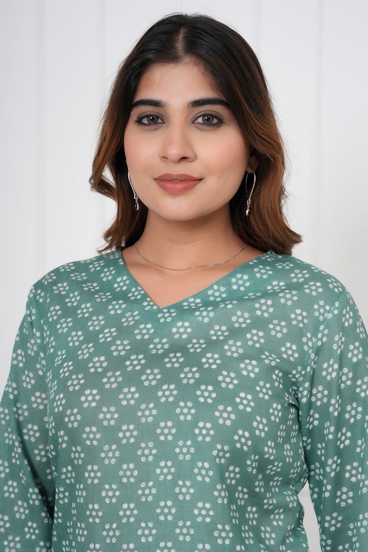 Dot Block Printed V-Neck Night Suit Set with Top & Pajama Pants - Sage Green