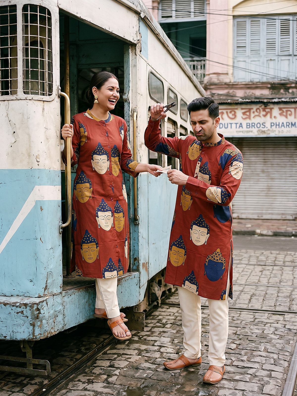 Jodi Collection by Gatim rust red Buddha print couple kurta set, front view