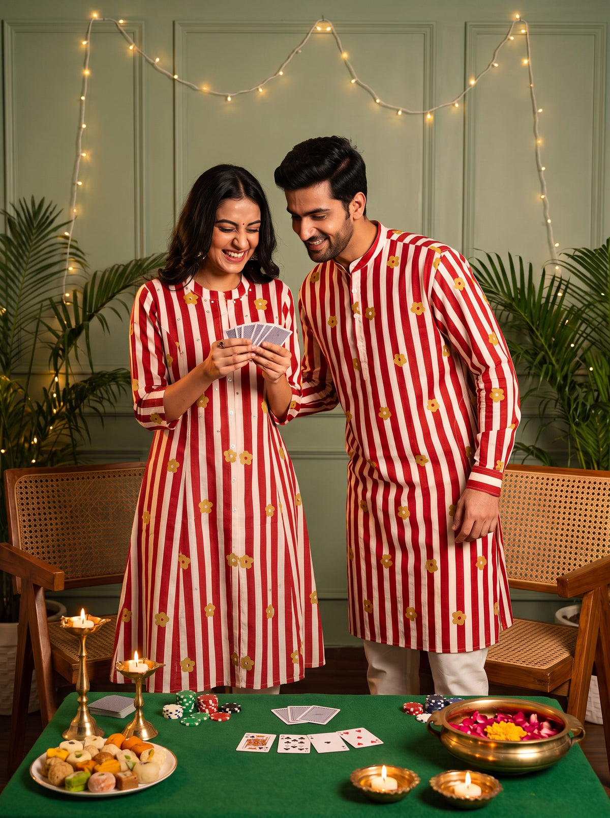 Red and White Striped Floral Jodi couple at a card party