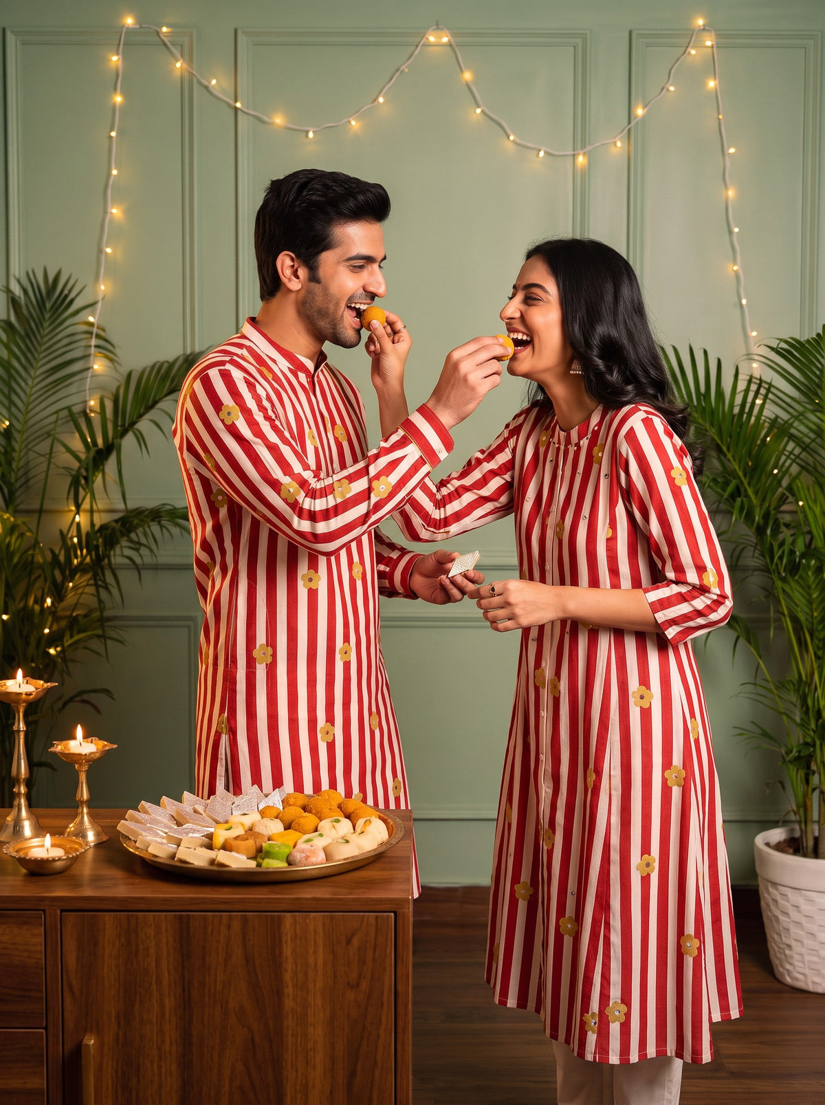Red and White Striped Floral Jodi couple sharing sweets