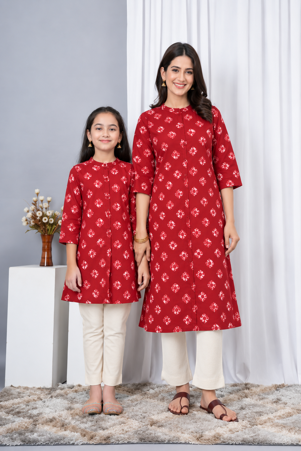 Charming Geometric Floral Printed Kurti With Button In vibrant Cherry Red For Maa Beti Duo