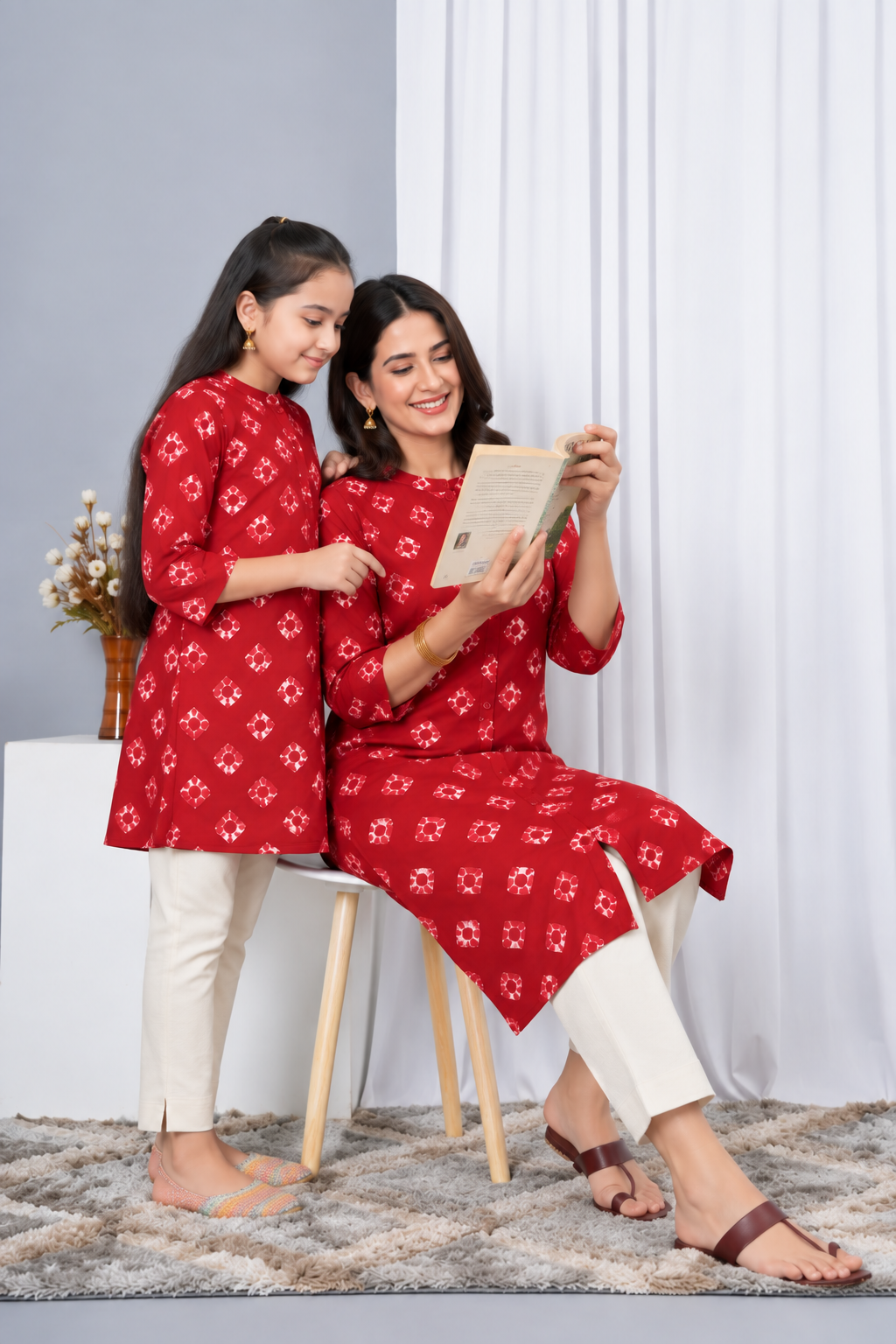 Charming Geometric Floral Printed Kurti With Button In vibrant Cherry Red For Maa Beti Duo