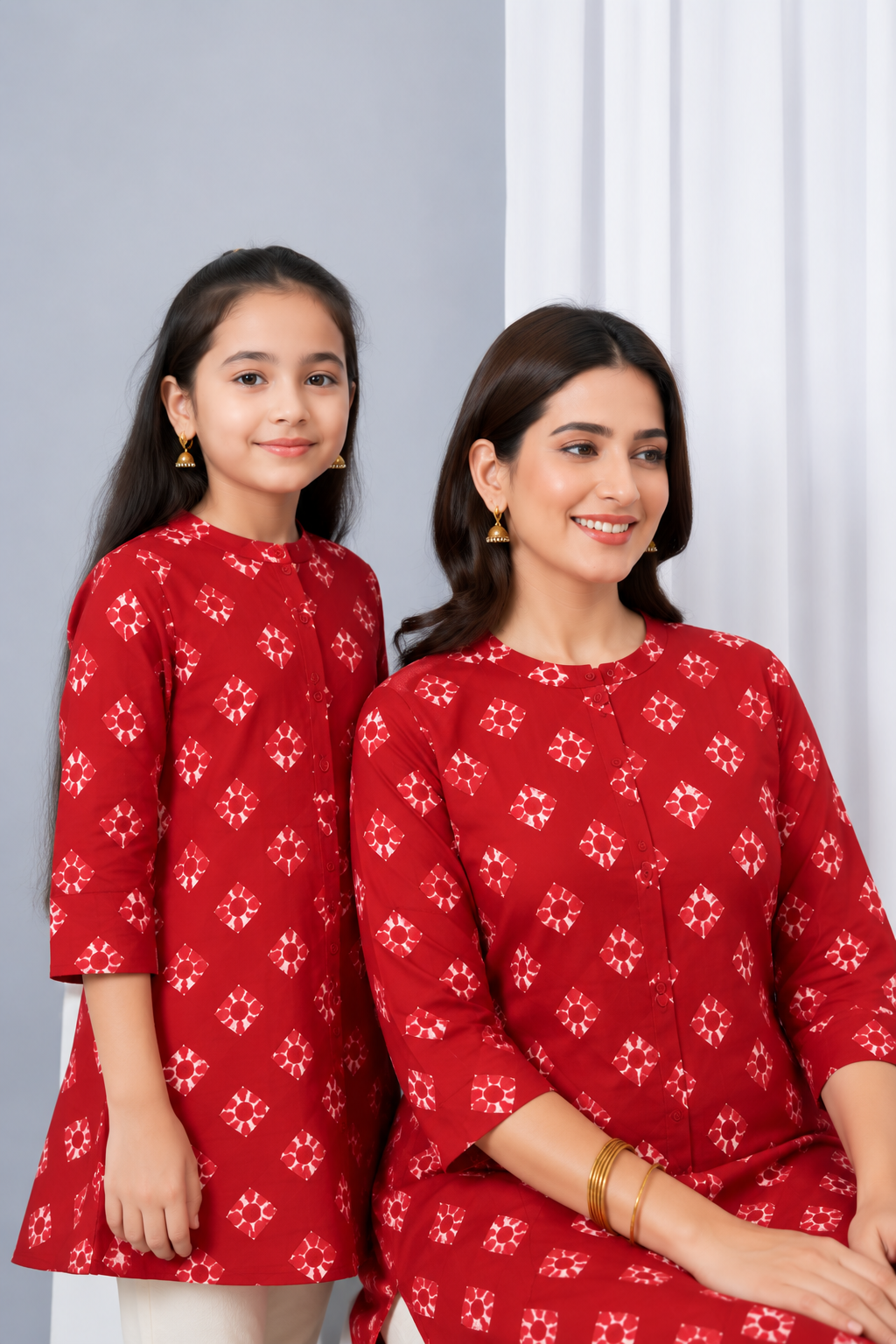 Charming Geometric Floral Printed Kurti With Button In vibrant Cherry Red For Maa Beti Duo