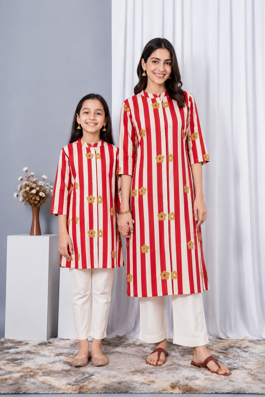 Vertical Stripe Pattern With Delicate Floral Motifs Mandarin Collar Kurti For Beti