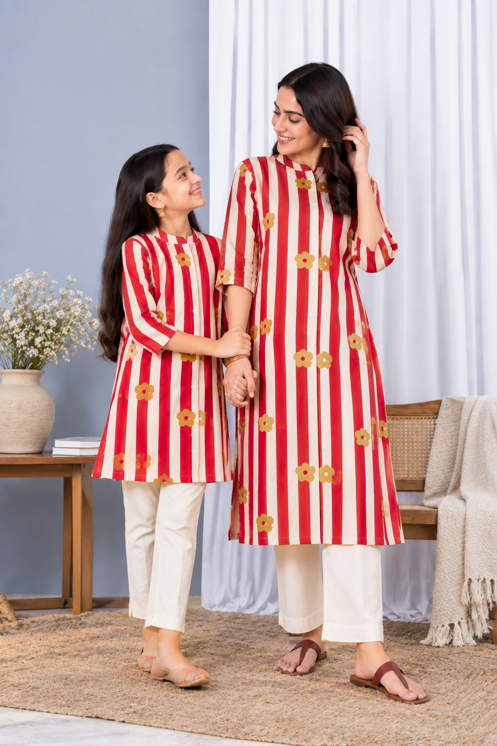 Vertical Stripe Pattern With Delicate Floral Motifs Mandarin Collar Kurti For Beti