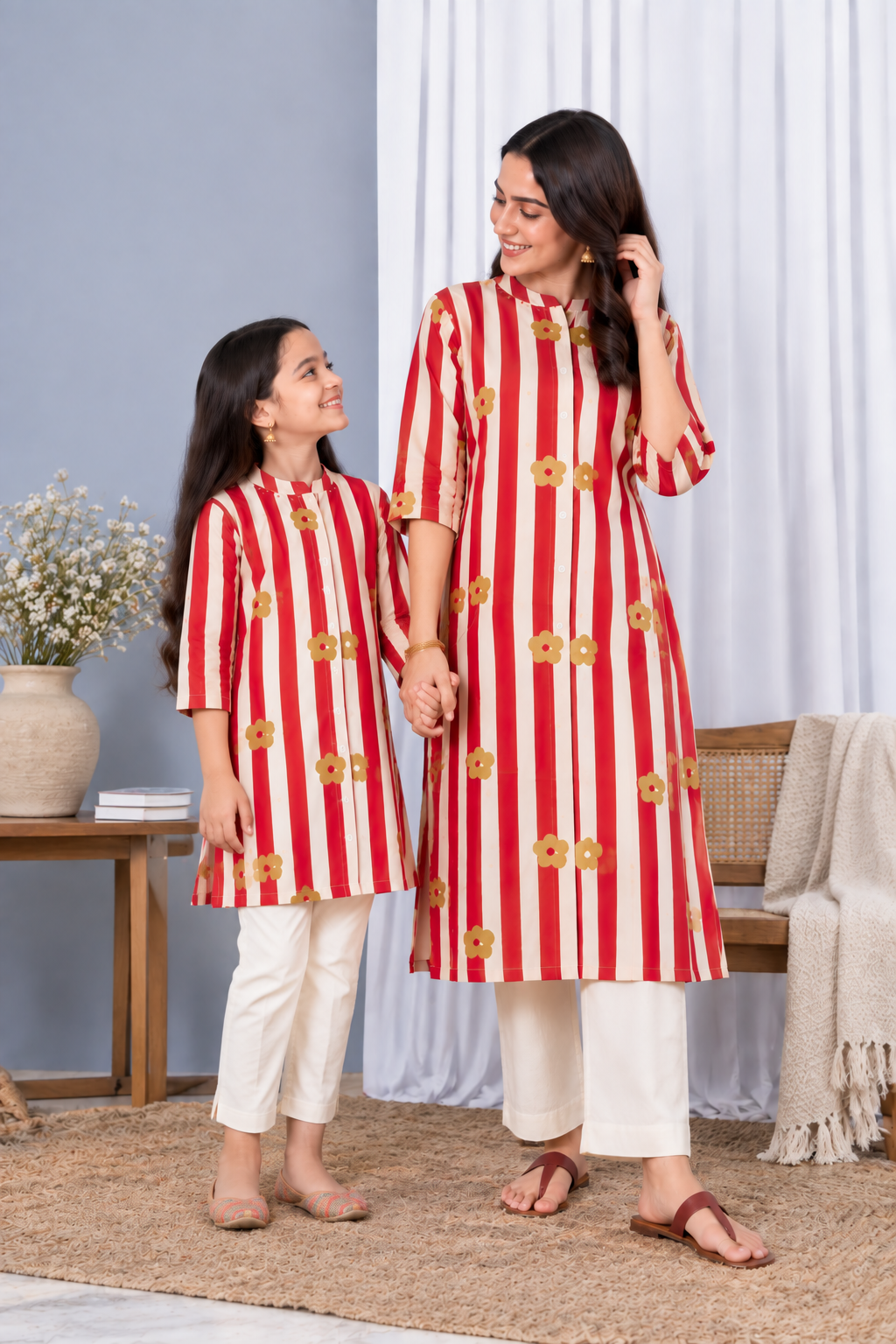 Vertical Stripe Pattern With Delicate Floral Motifs Mandarin Collar Kurti For Beti