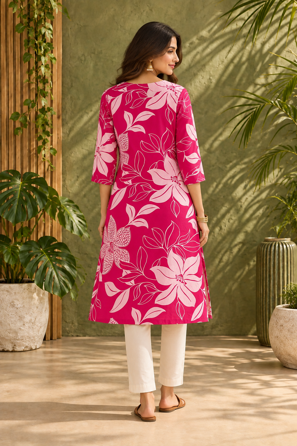 Bold Floral Printed Women Cotton Kurti - Pink