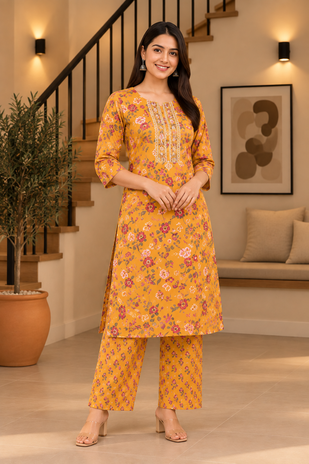 Everyday Comfort Floral Motifs And Lace accents Vibrant Mustard-Yellow Printed 3-Piece Kurti Set