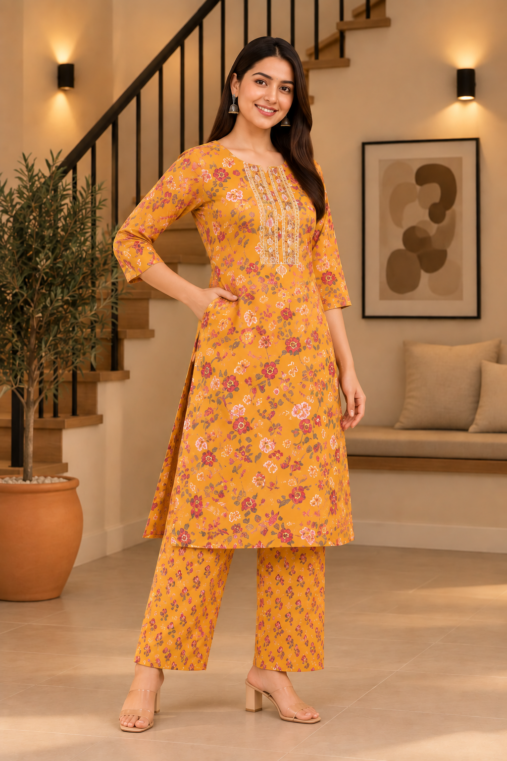 Everyday Comfort Floral Motifs And Lace accents Vibrant Mustard-Yellow Printed 3-Piece Kurti Set