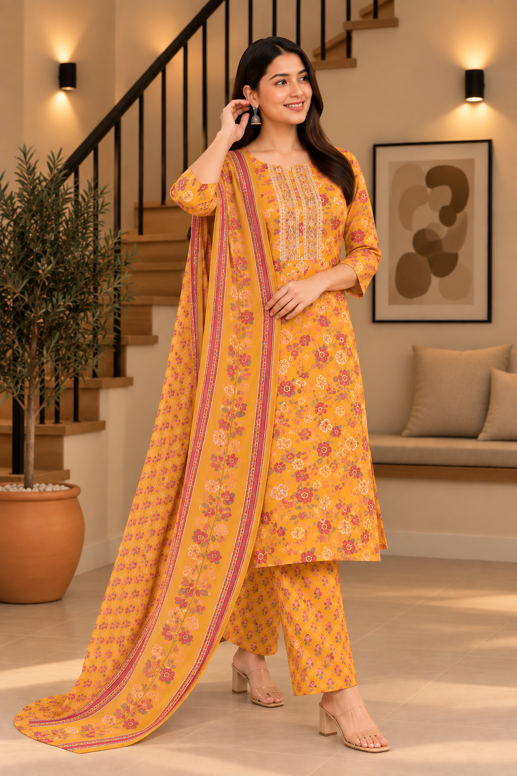 Everyday Comfort Floral Motifs And Lace accents Vibrant Mustard-Yellow Printed 3-Piece Kurti Set