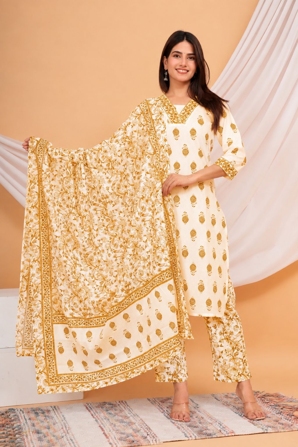 Beautifully Embellished Neckline With Traditional Motif Printed 3-Piece Kurti Set