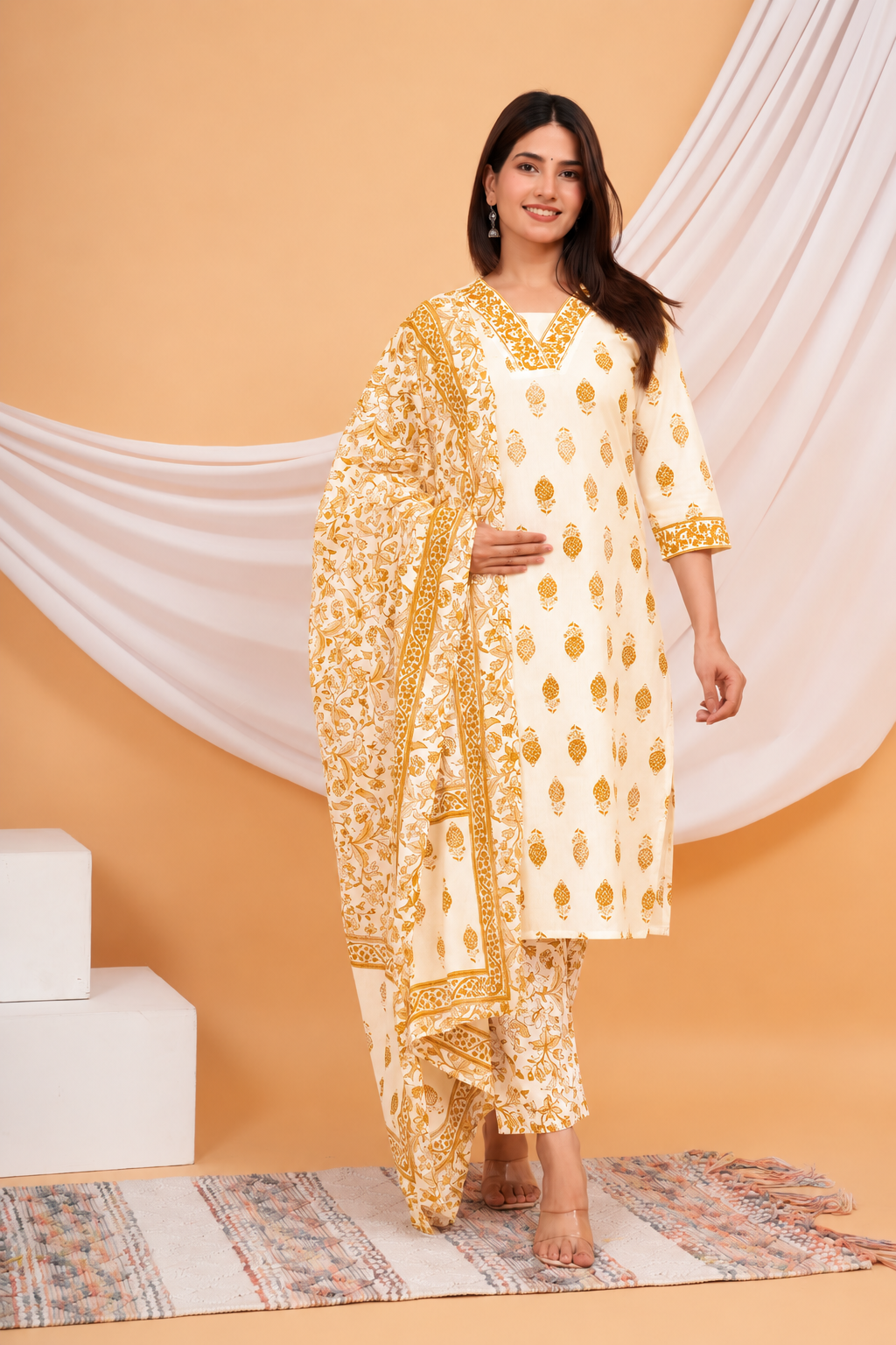 Beautifully Embellished Neckline With Traditional Motif Printed 3-Piece Kurti Set