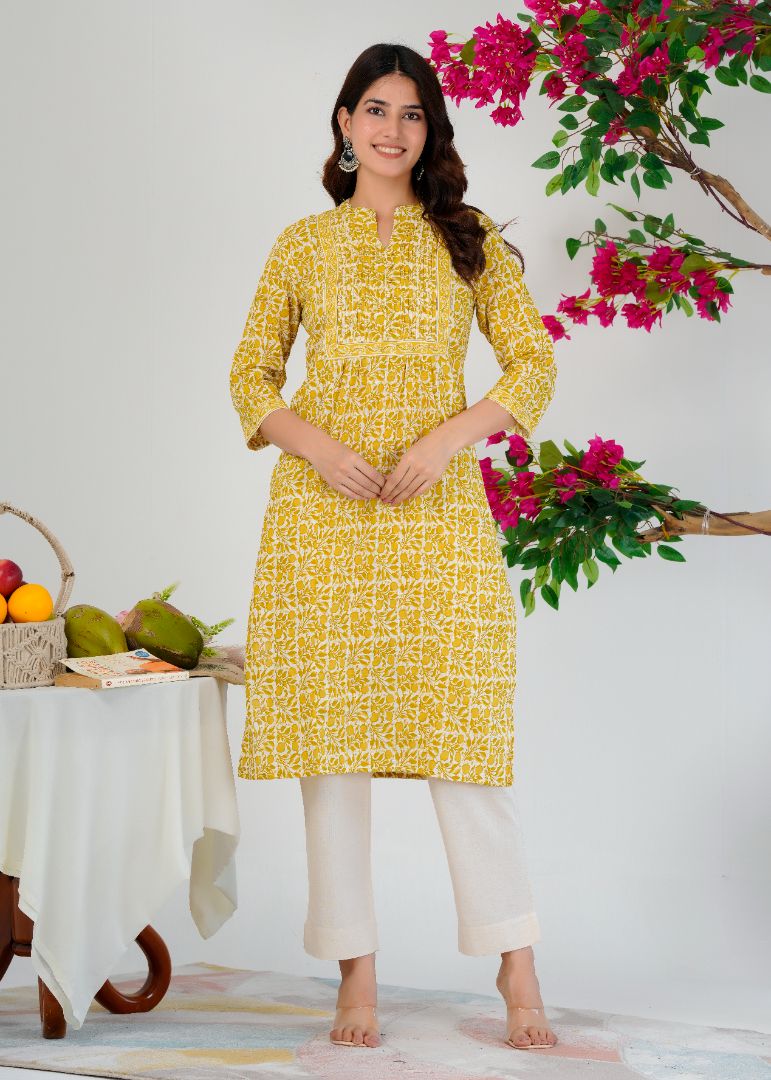 Traditional Printed Kurti for Women With Stylish Potli Buttons - Yellow