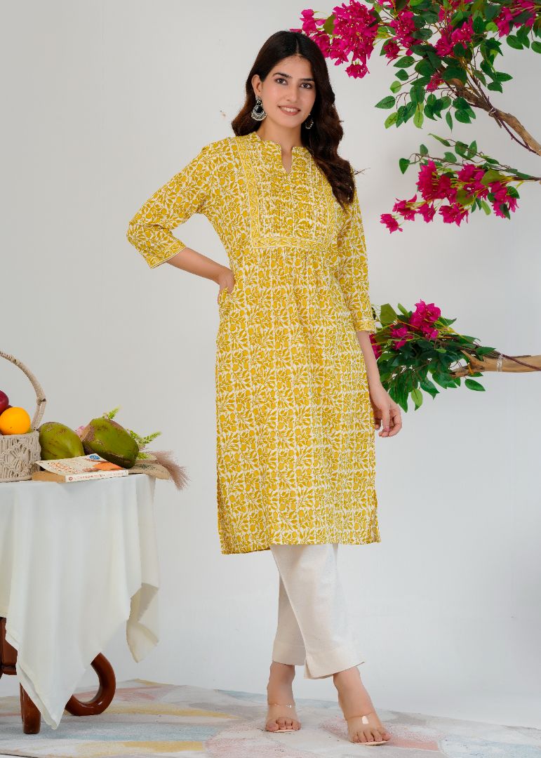 Traditional Printed Kurti for Women With Stylish Potli Buttons - Yellow