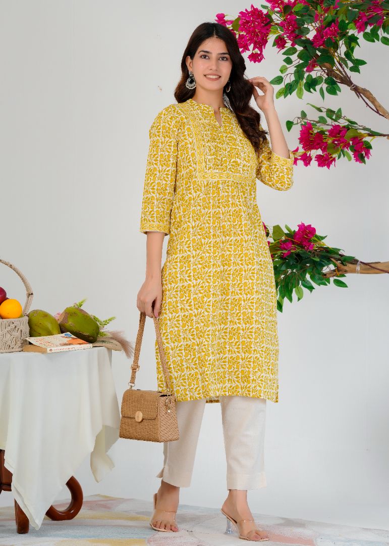 Traditional Printed Kurti for Women With Stylish Potli Buttons - Yellow