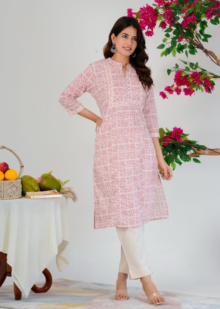 Traditional Printed Kurti for Women With Stylish Potli Buttons-Pink
