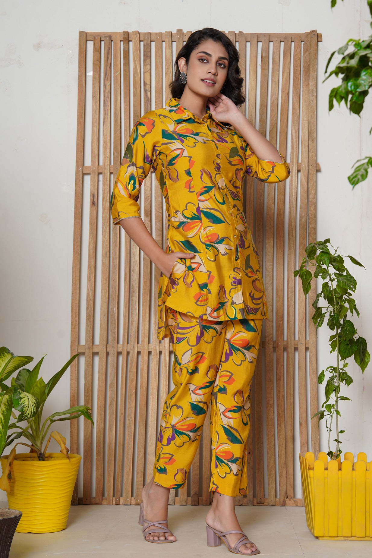 Yellow With Floral Printed Maslin Co-Ord Set