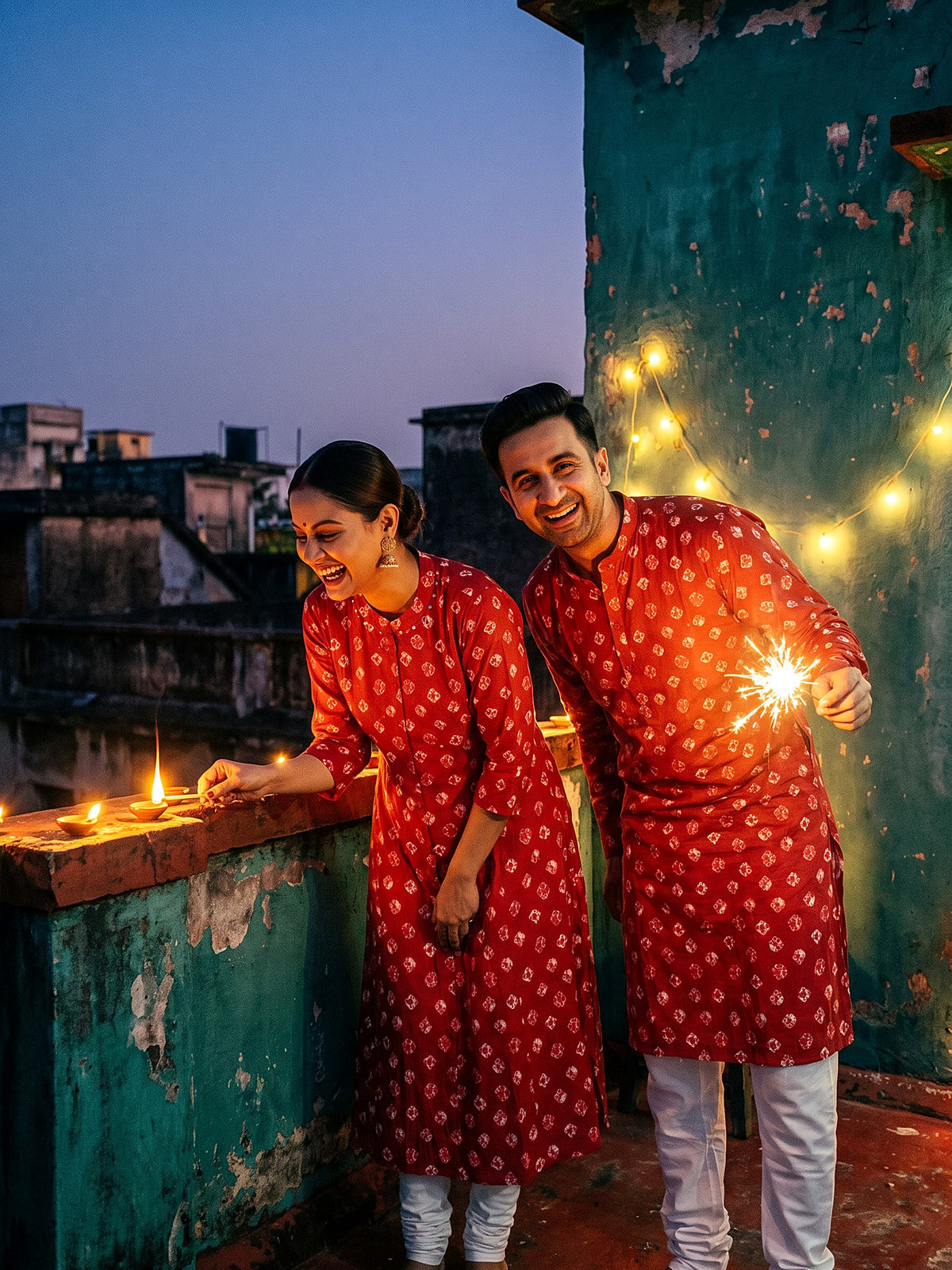 Red Bandhani Jodi couple kurta set front