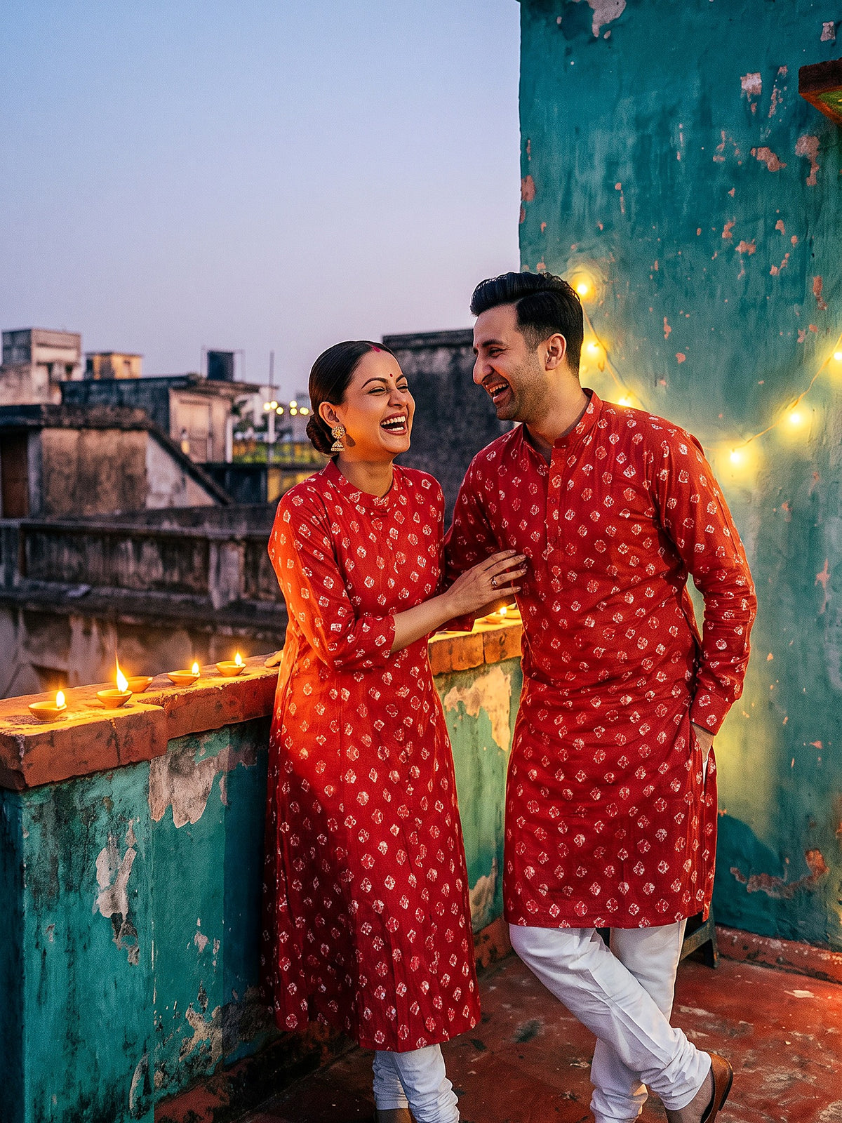 Red Bandhani Jodi couple candid