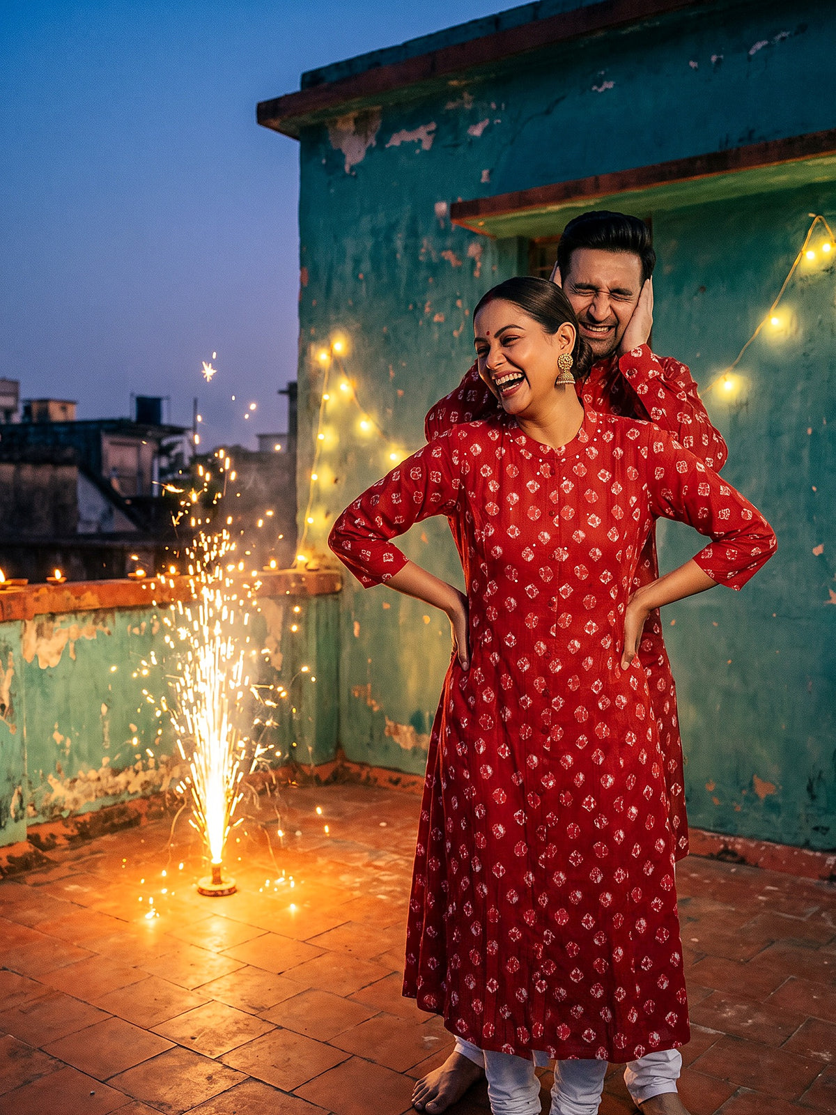 Red Bandhani Jodi couple pose
