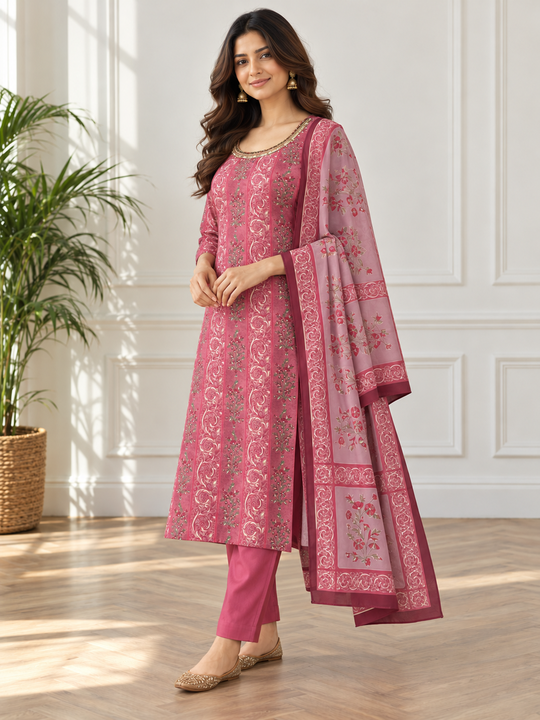 Princess  Magenta Paisley-Inspired Printed 3-Piece Kurti Set