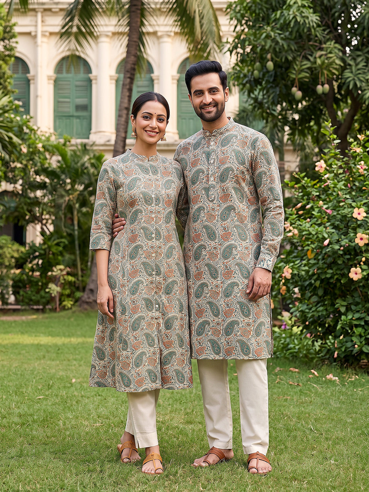 Jodi Collection by Gatim off-white paisley couple kurta set, front