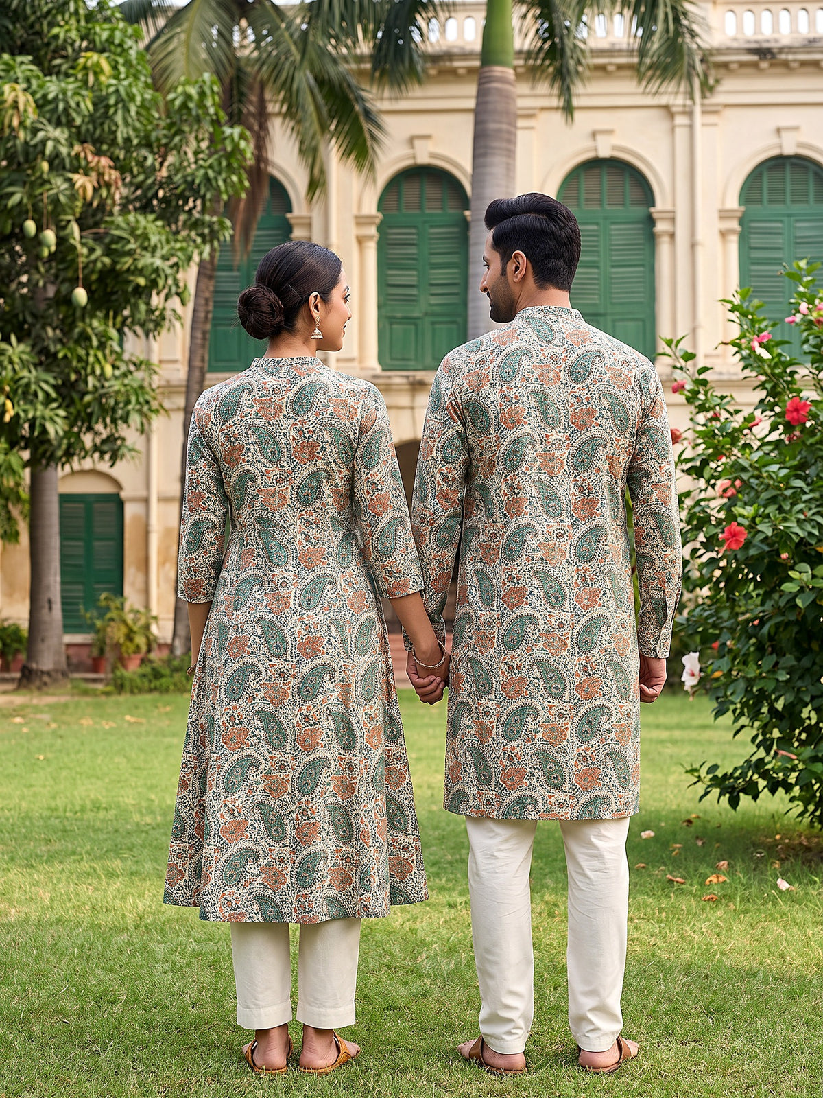 Jodi Collection by Gatim off-white paisley couple kurta set, back view