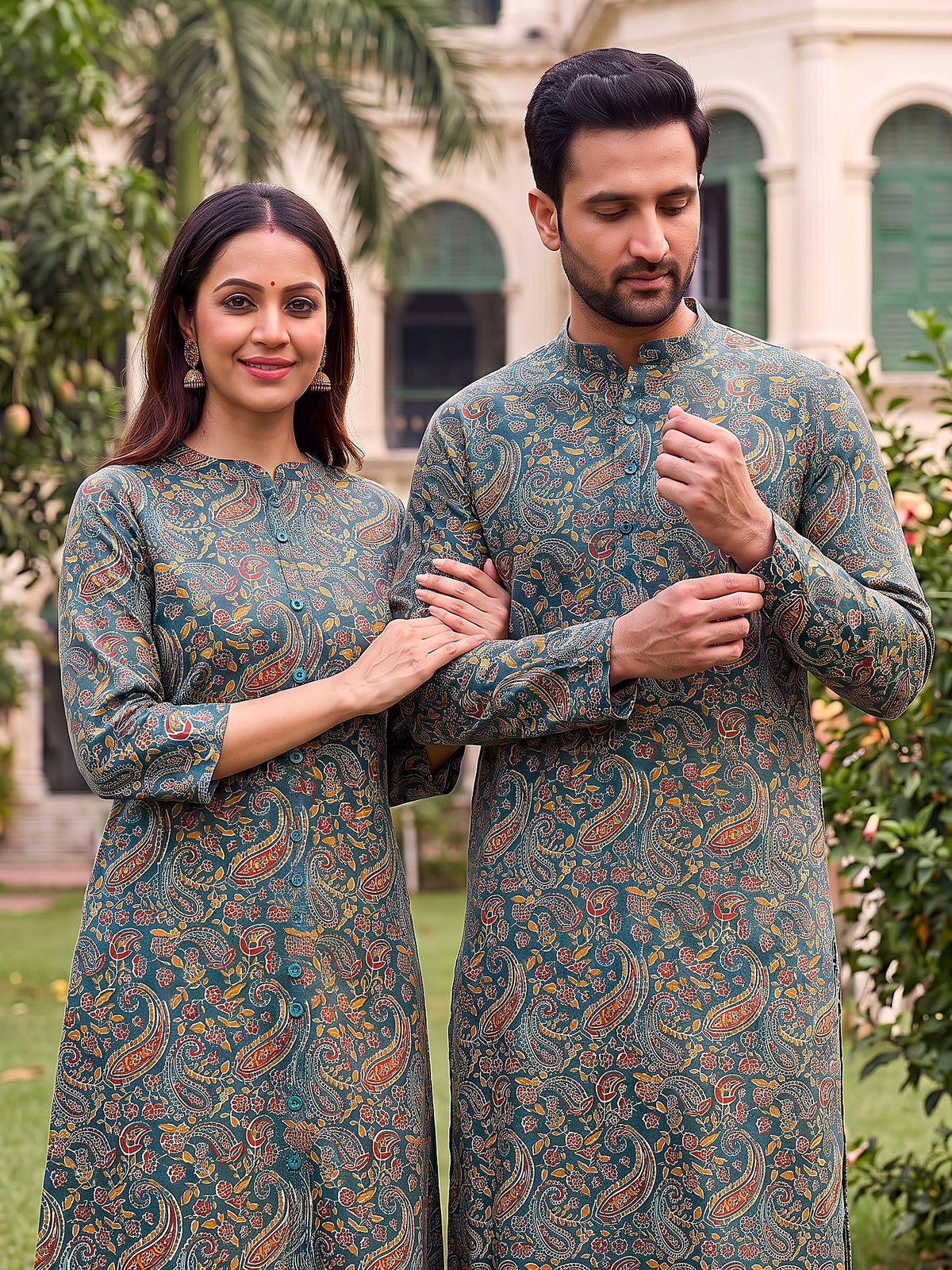 Jodi Collection by Gatim teal blue paisley couple kurta set, cuff detail