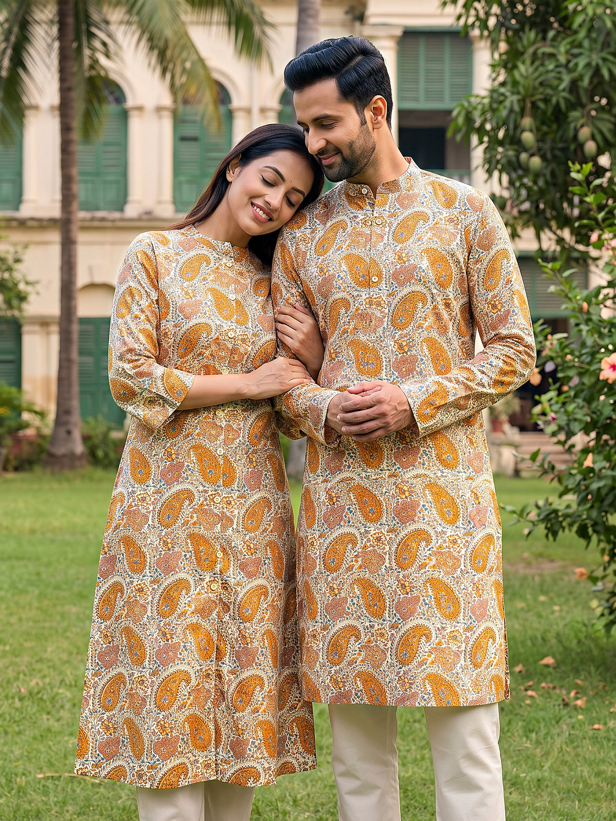 Jodi Collection by Gatim mustard yellow kalamkari paisley couple kurta set, together