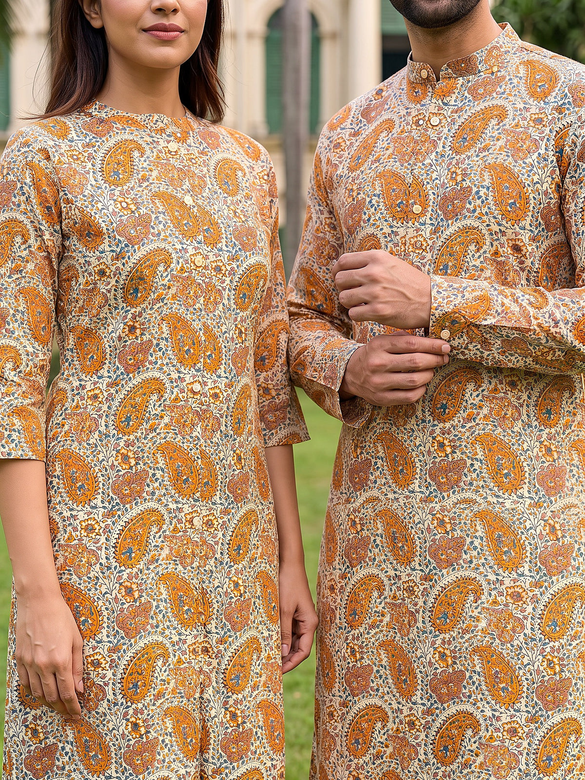 Jodi Collection by Gatim mustard yellow kalamkari paisley couple kurta set, cuff detail