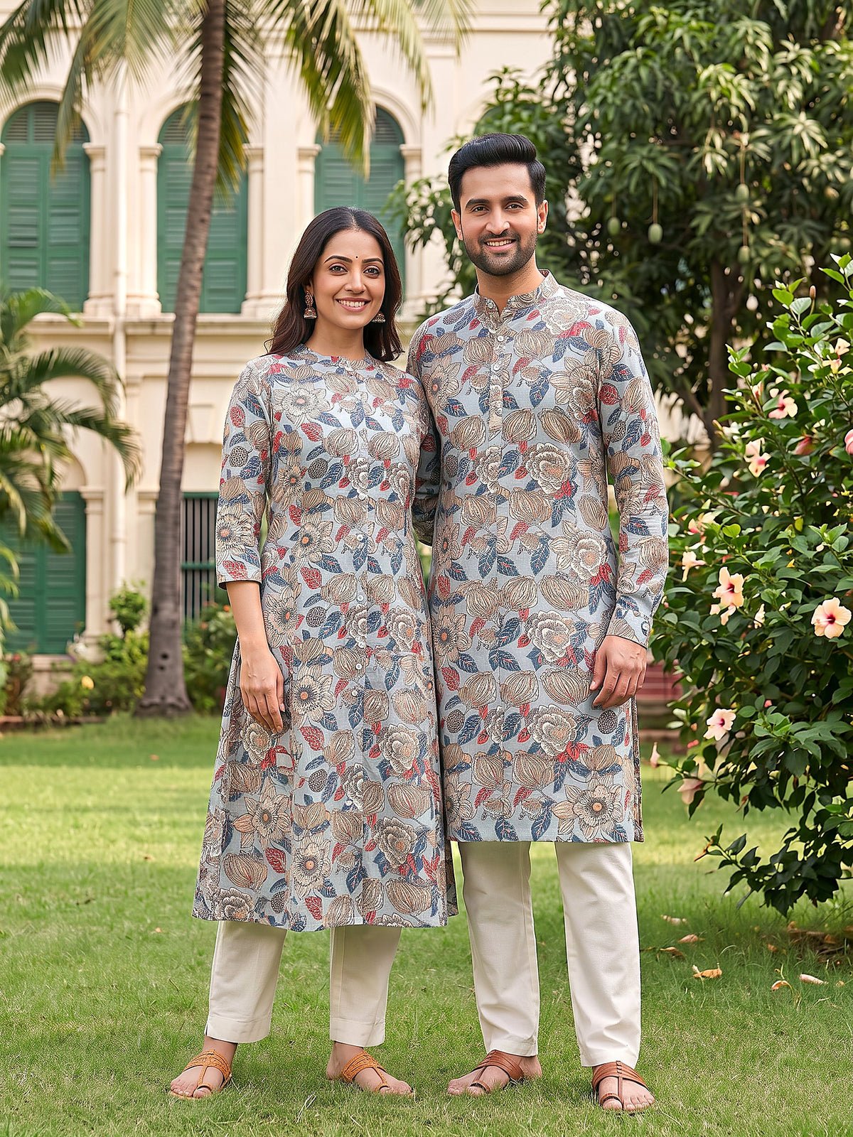 Jodi Collection by Gatim grey floral couple kurta set, front
