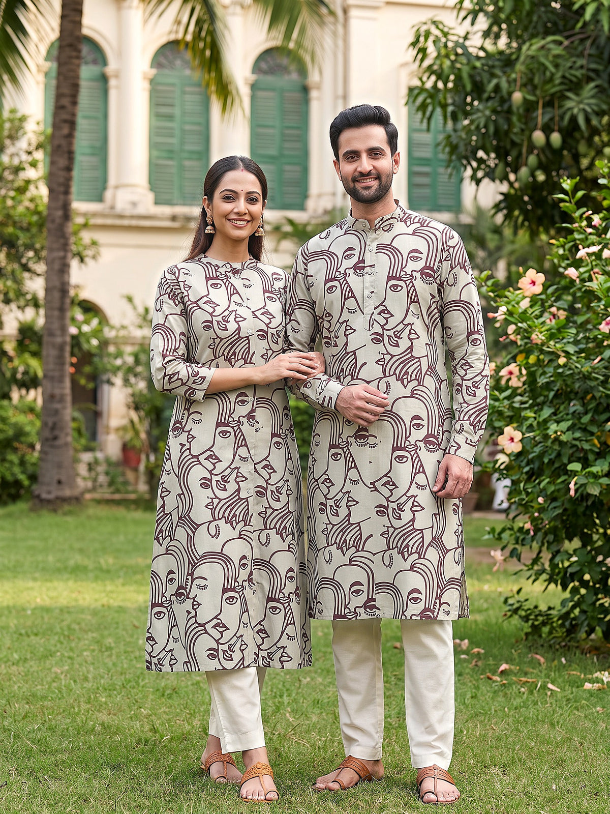 Jodi Collection by Gatim maroon abstract face art couple kurta set, front