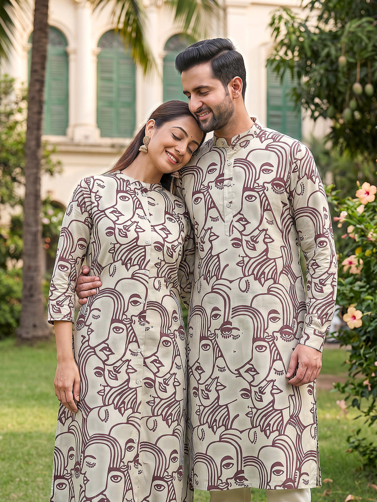 Jodi Collection by Gatim maroon abstract face art couple kurta set, together