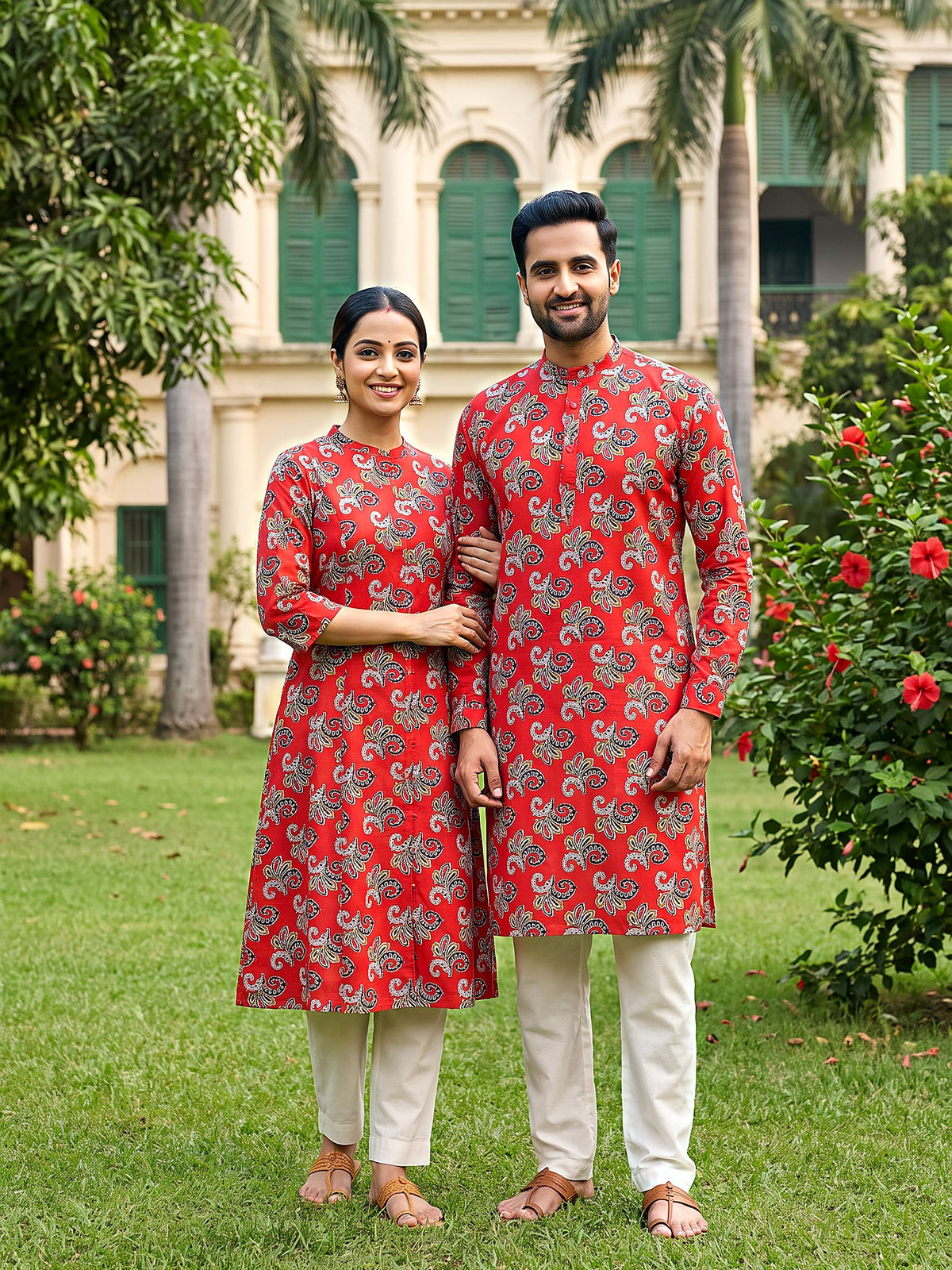 Jodi Collection by Gatim bold red floral couple kurta set, front