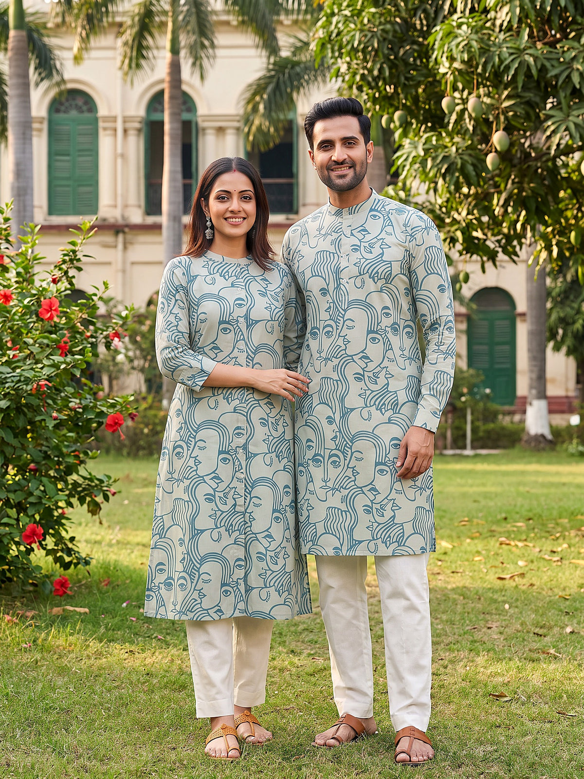 Jodi Collection by Gatim sky blue abstract face art couple kurta set, front