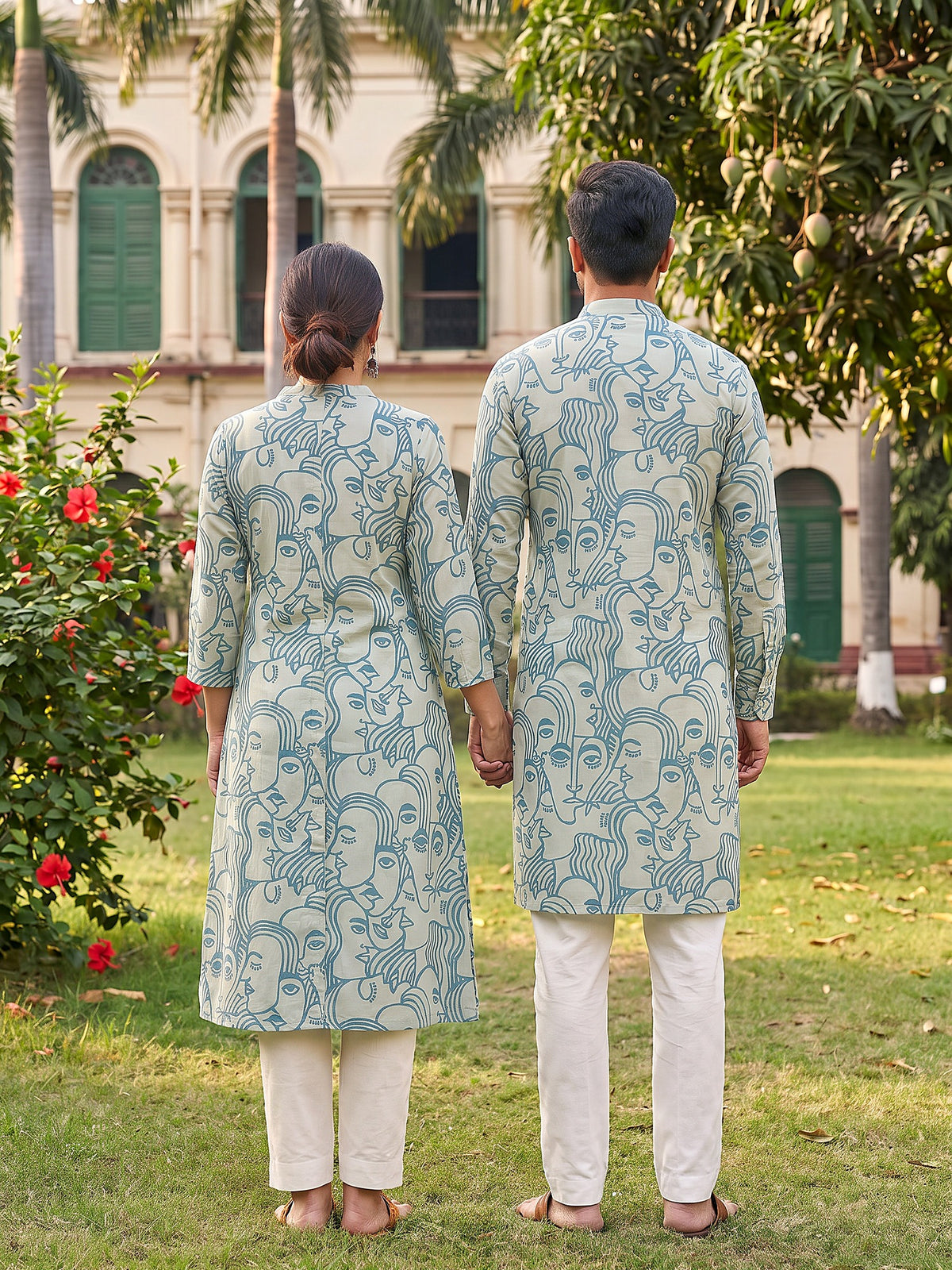 Jodi Collection by Gatim sky blue abstract face art couple kurta set, back view