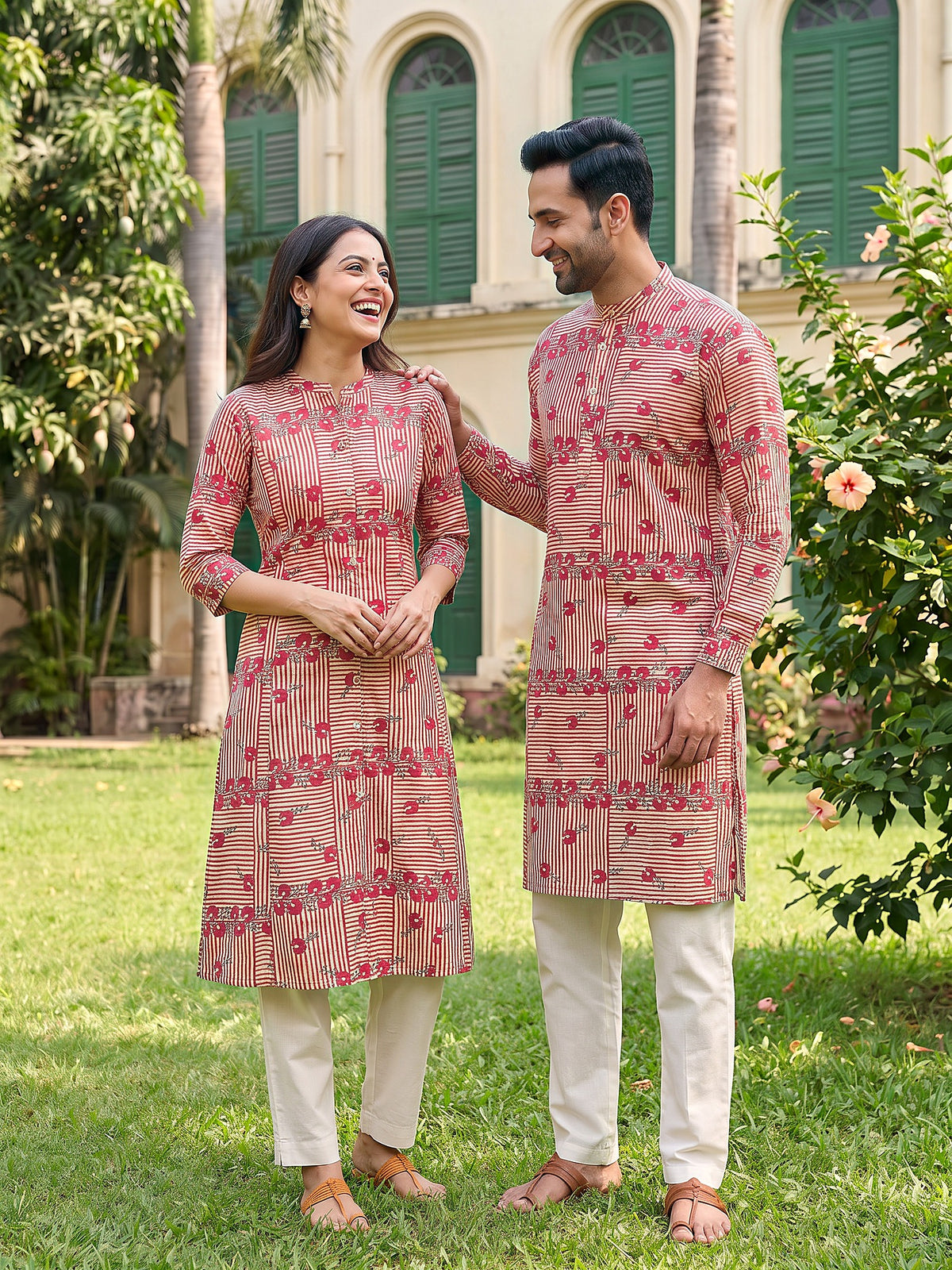 Jodi Collection by Gatim red stripe floral couple kurta set, candid