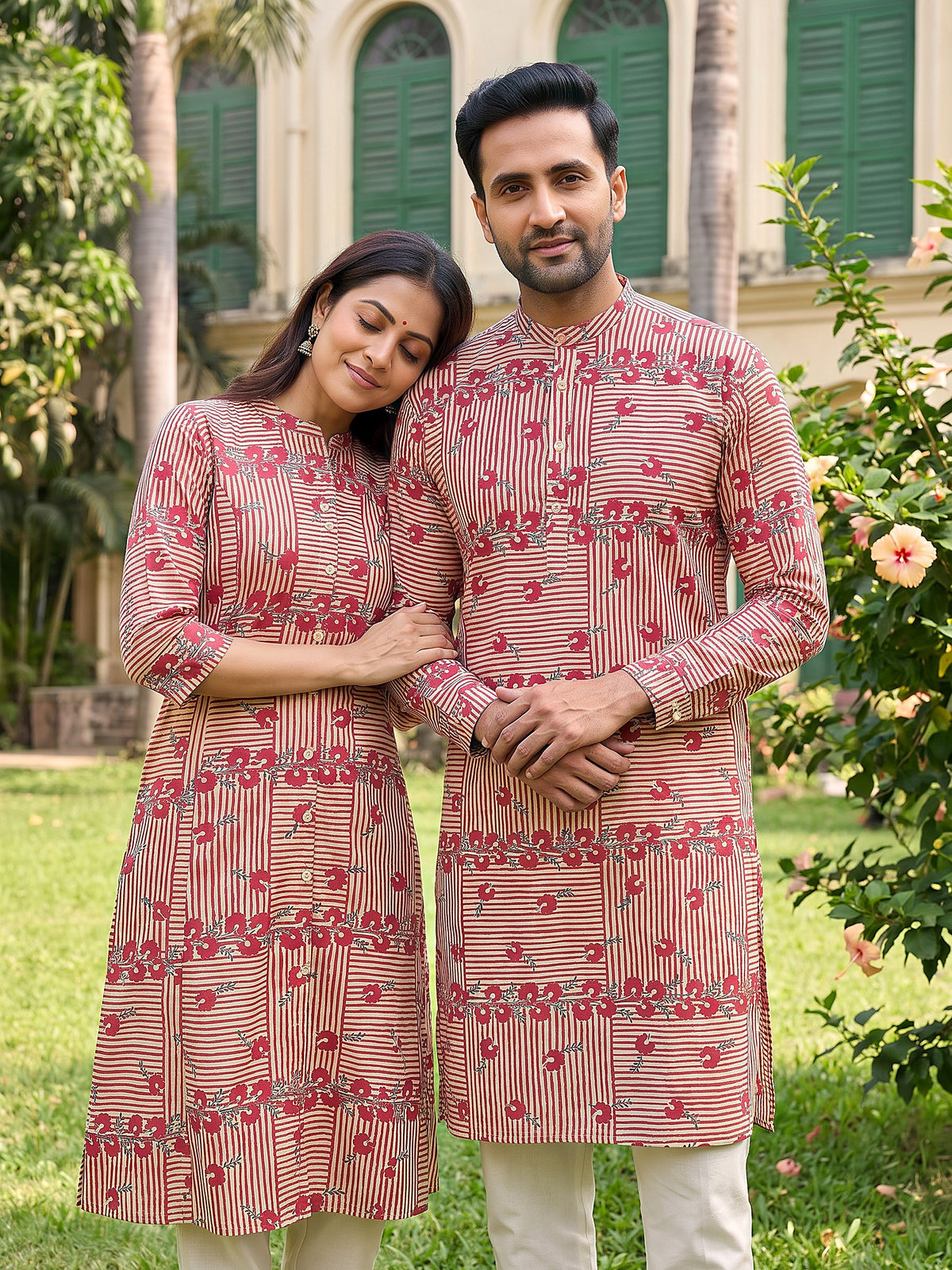 Jodi Collection by Gatim red stripe floral couple kurta set, together