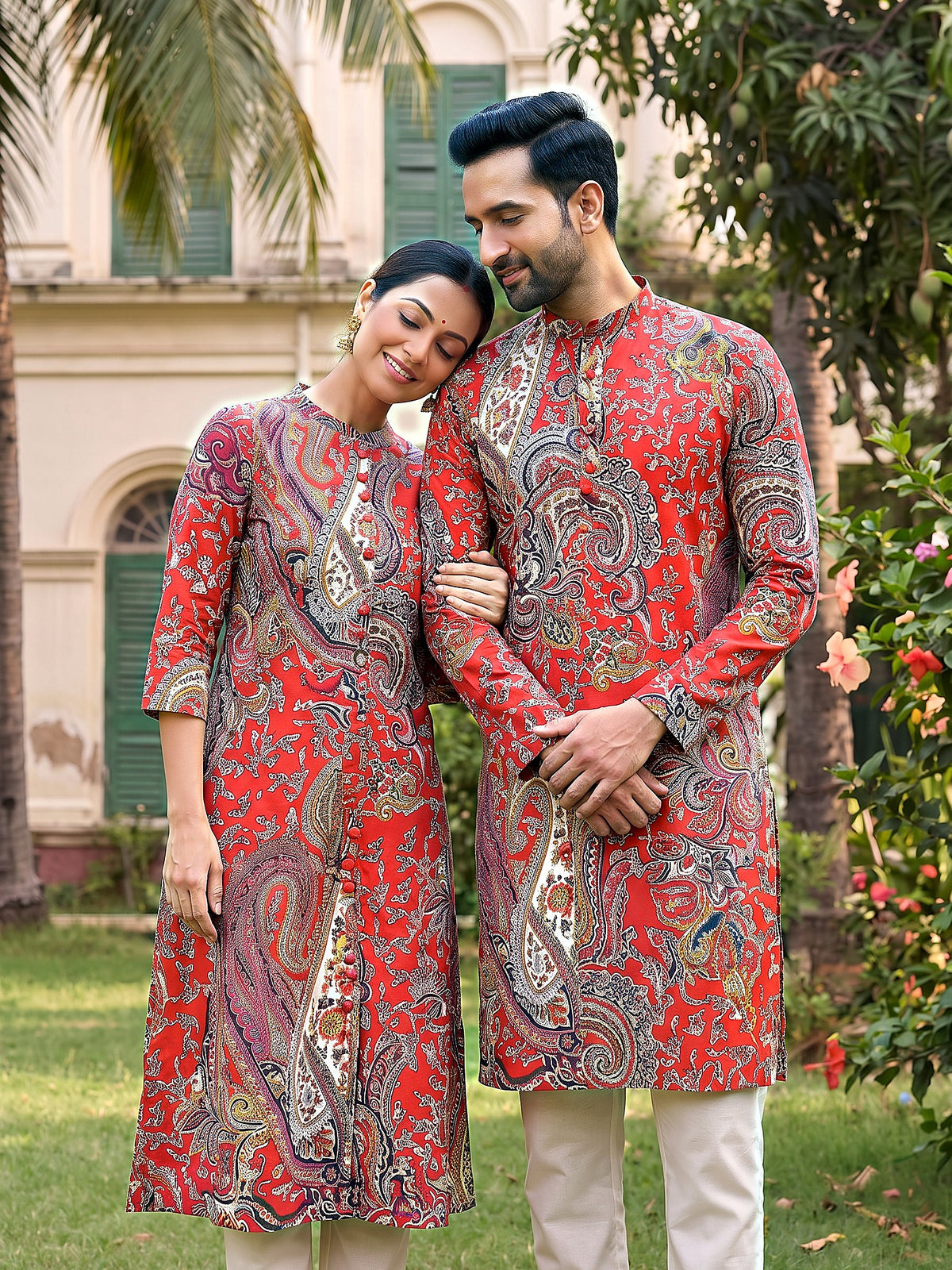 Jodi Collection by Gatim red paisley couple kurta set, together