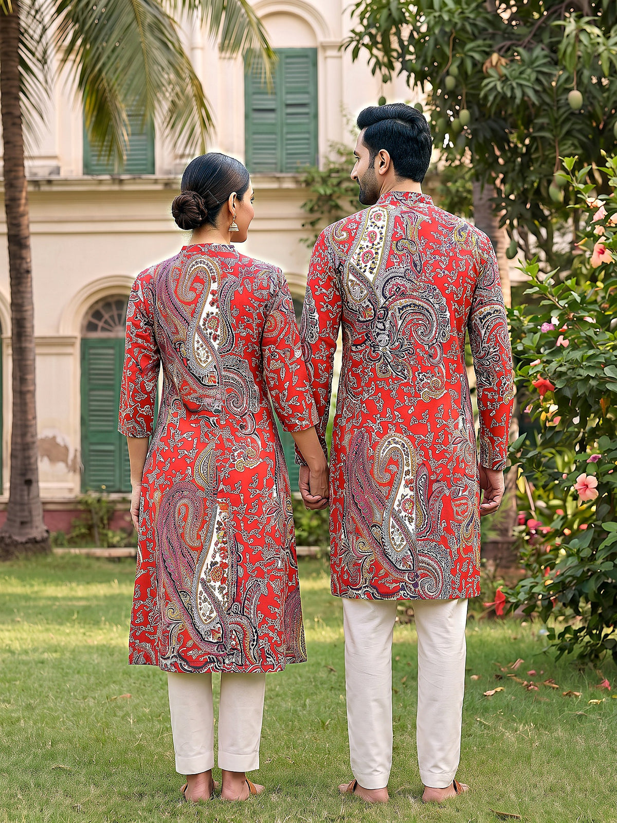 Jodi Collection by Gatim red paisley couple kurta set, back view