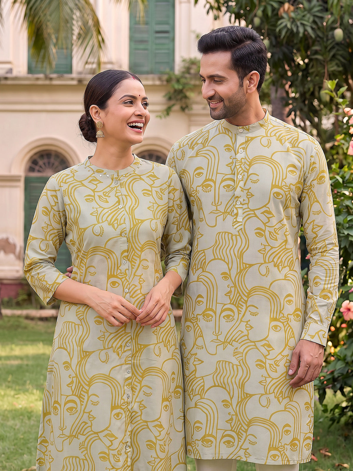 Jodi Collection by Gatim sage green abstract face art couple kurta set, candid