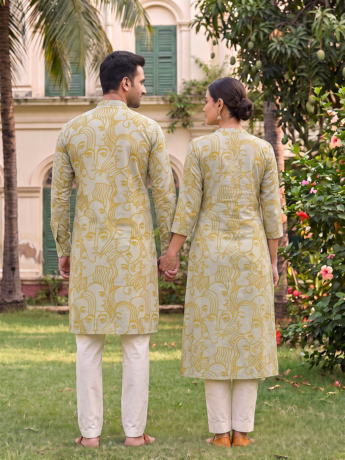 Jodi Collection by Gatim sage green abstract face art couple kurta set, back view