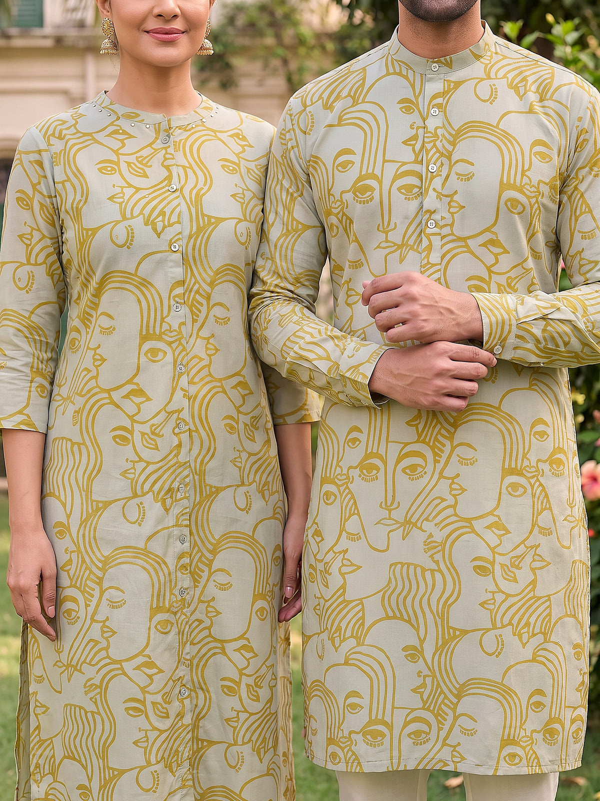 Jodi Collection by Gatim sage green abstract face art couple kurta set, cuff detail