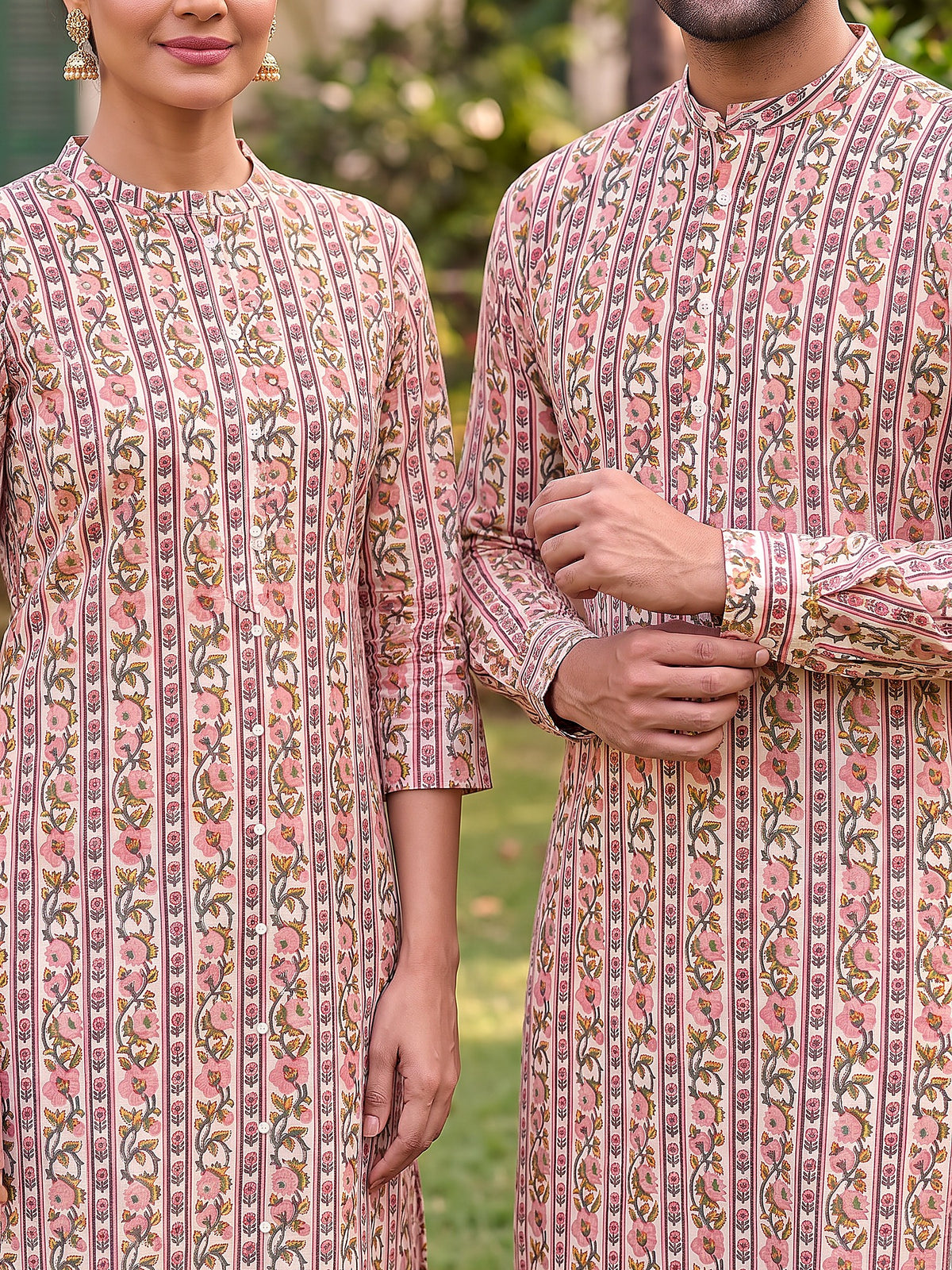 Jodi Collection by Gatim pink and yellow floral couple kurta set, cuff detail