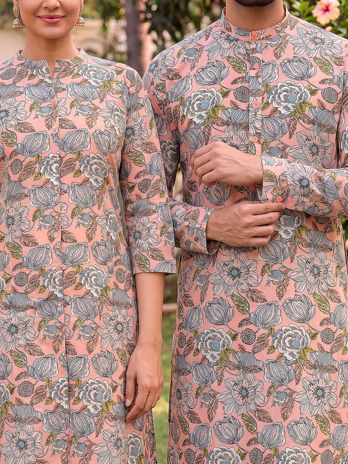 Jodi Collection by Gatim pink base floral couple kurta set, cuff detail