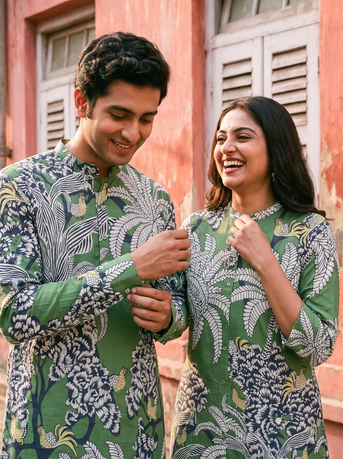 Jodi Collection by Gatim green tropical print couple kurta set, cuff close up