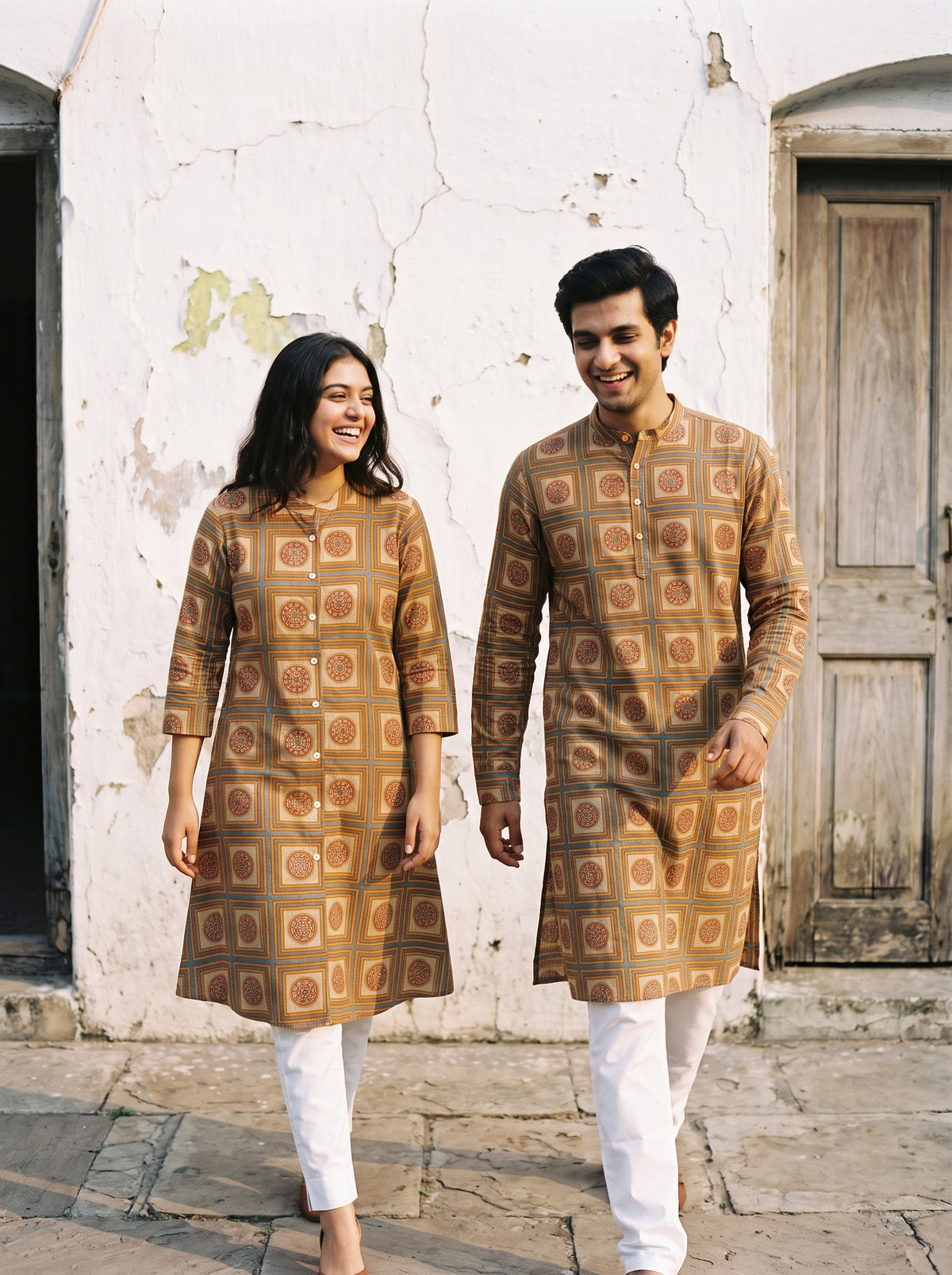 Jodi Collection by Gatim mustard medallion print couple kurta set, walking