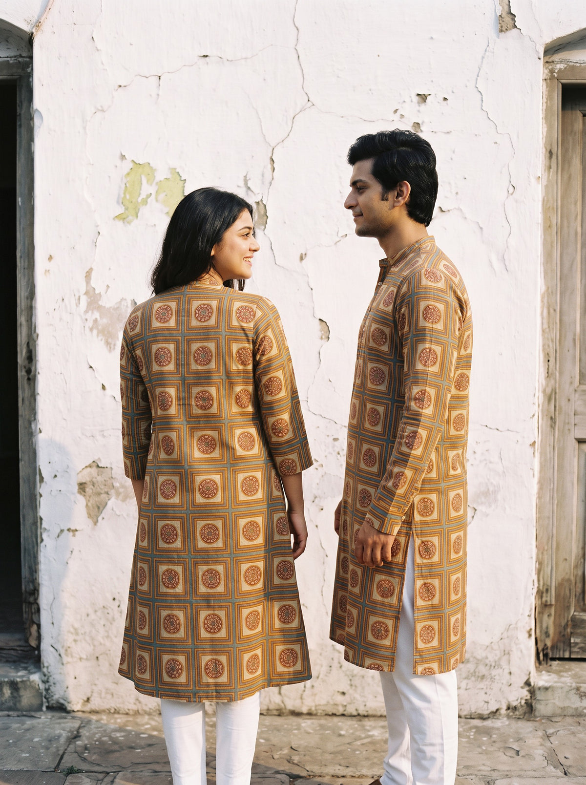 Jodi Collection by Gatim mustard medallion print couple kurta set, side and back view